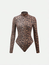 Women's Sexy Leopard Print Turtleneck Long Sleeve Bodysuit